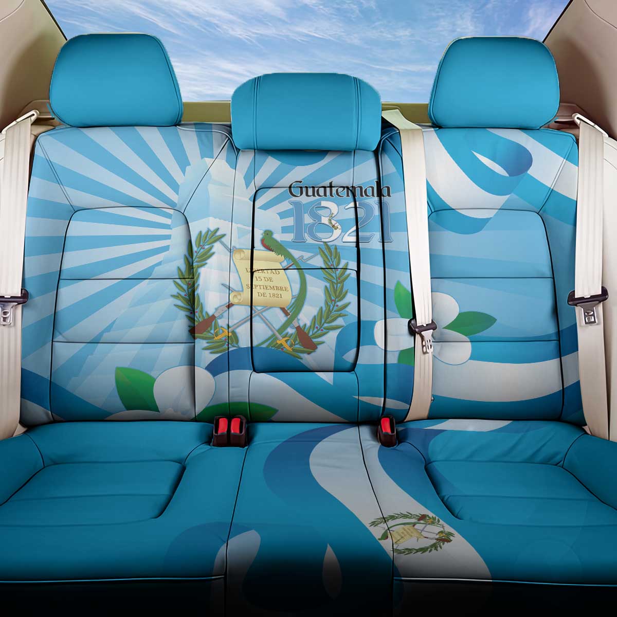 Guatemala Independence Day Back Car Seat Cover Since 1821 Coat Of Arms With Tikal - Wonder Print Shop