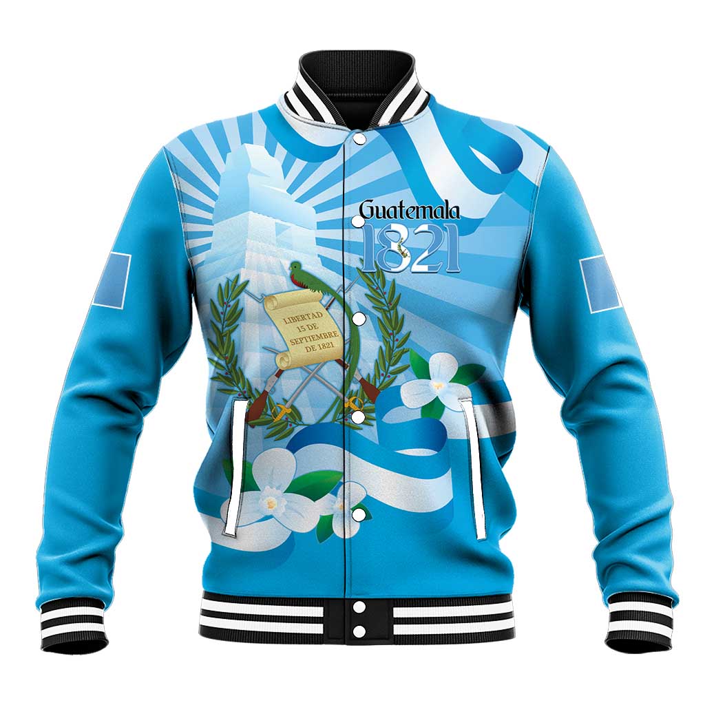 Blue baseball jacket with striped collar, button front, emblem and floral graphic