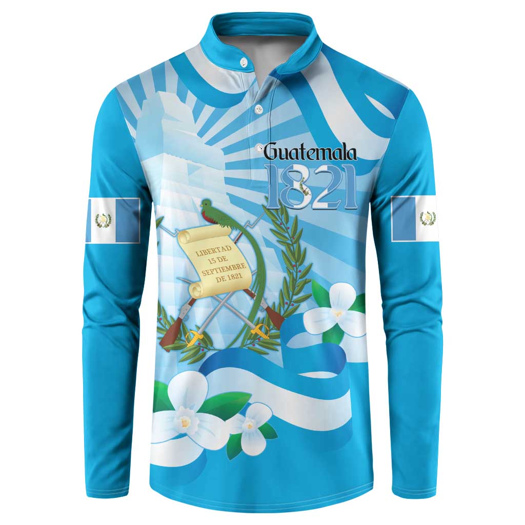 Blue button-front sweatshirt with Guatemala crest, Tikal motif, and floral graphics