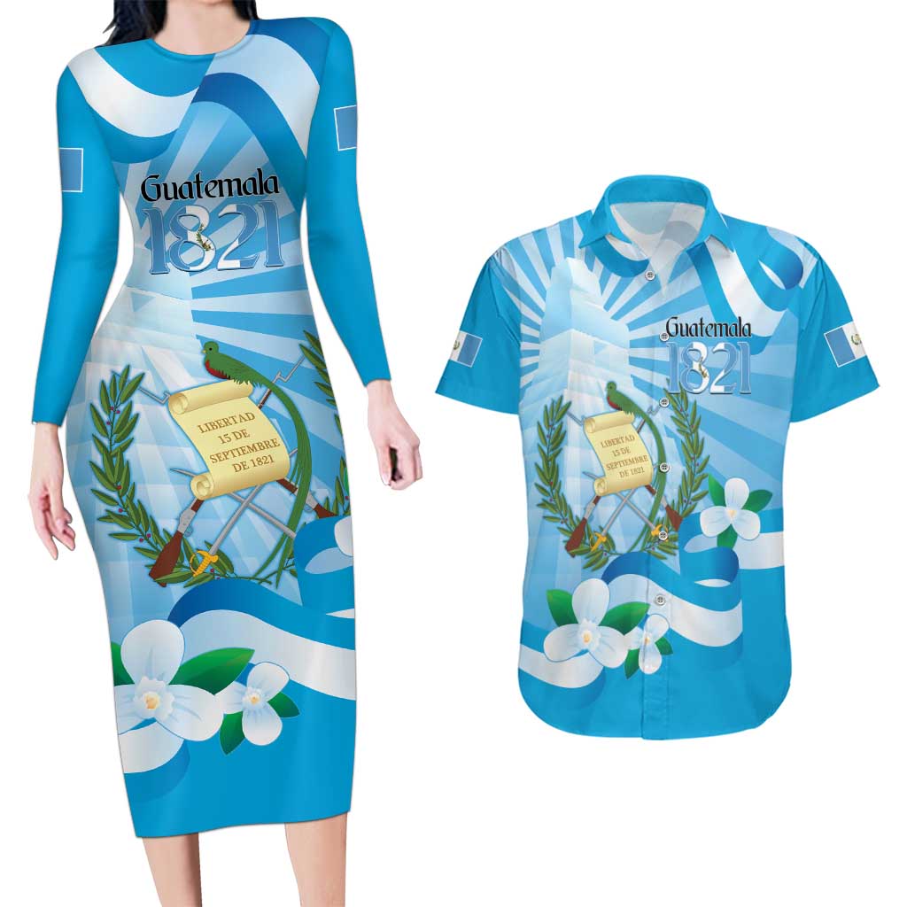 Guatemala Independence Day Couples Matching Long Sleeve Bodycon Dress and Hawaiian Shirt Since 1821 Coat Of Arms With Tikal - Wonder Print Shop