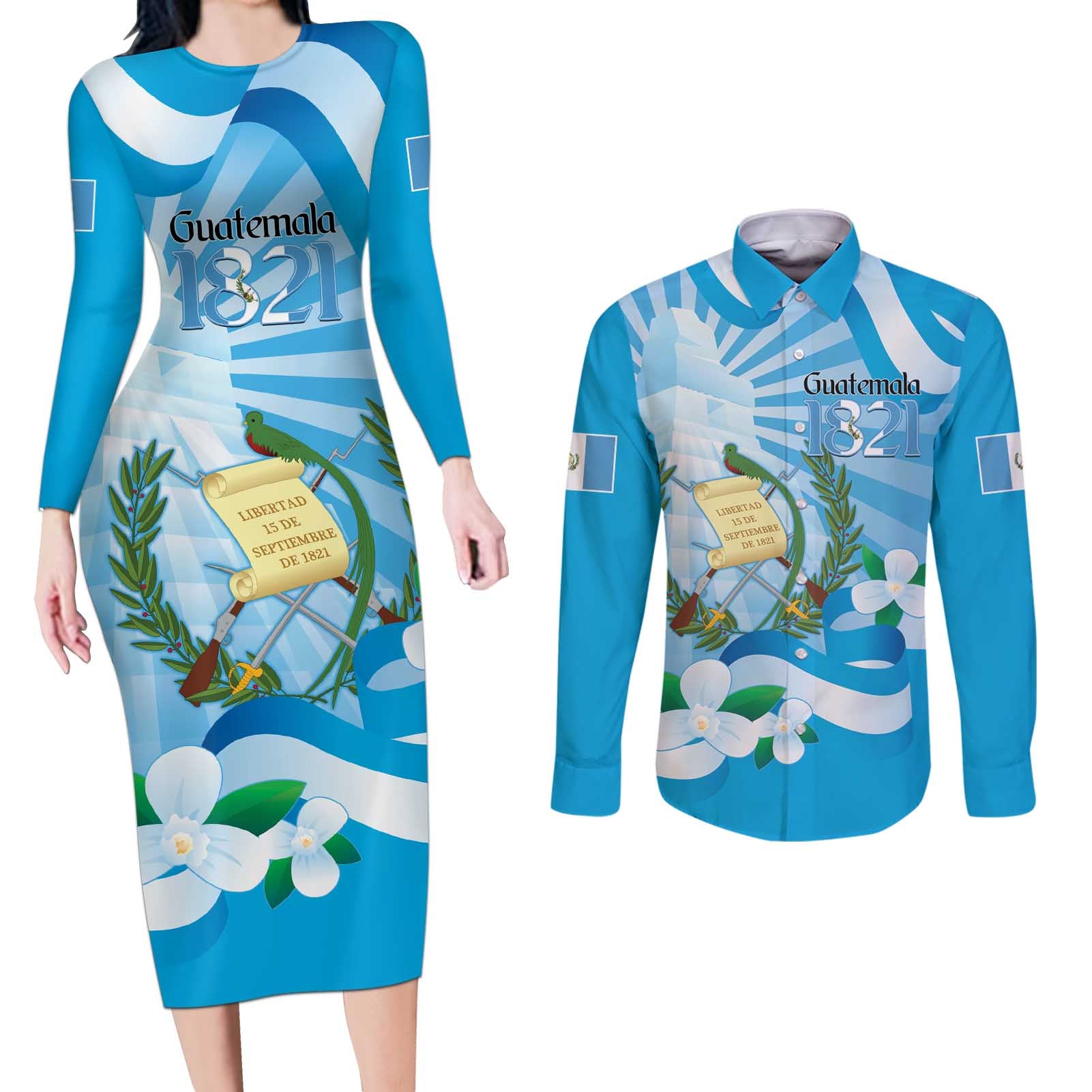 Guatemala Independence Day Couples Matching Long Sleeve Bodycon Dress and Long Sleeve Button Shirt Since 1821 Coat Of Arms With Tikal - Wonder Print Shop