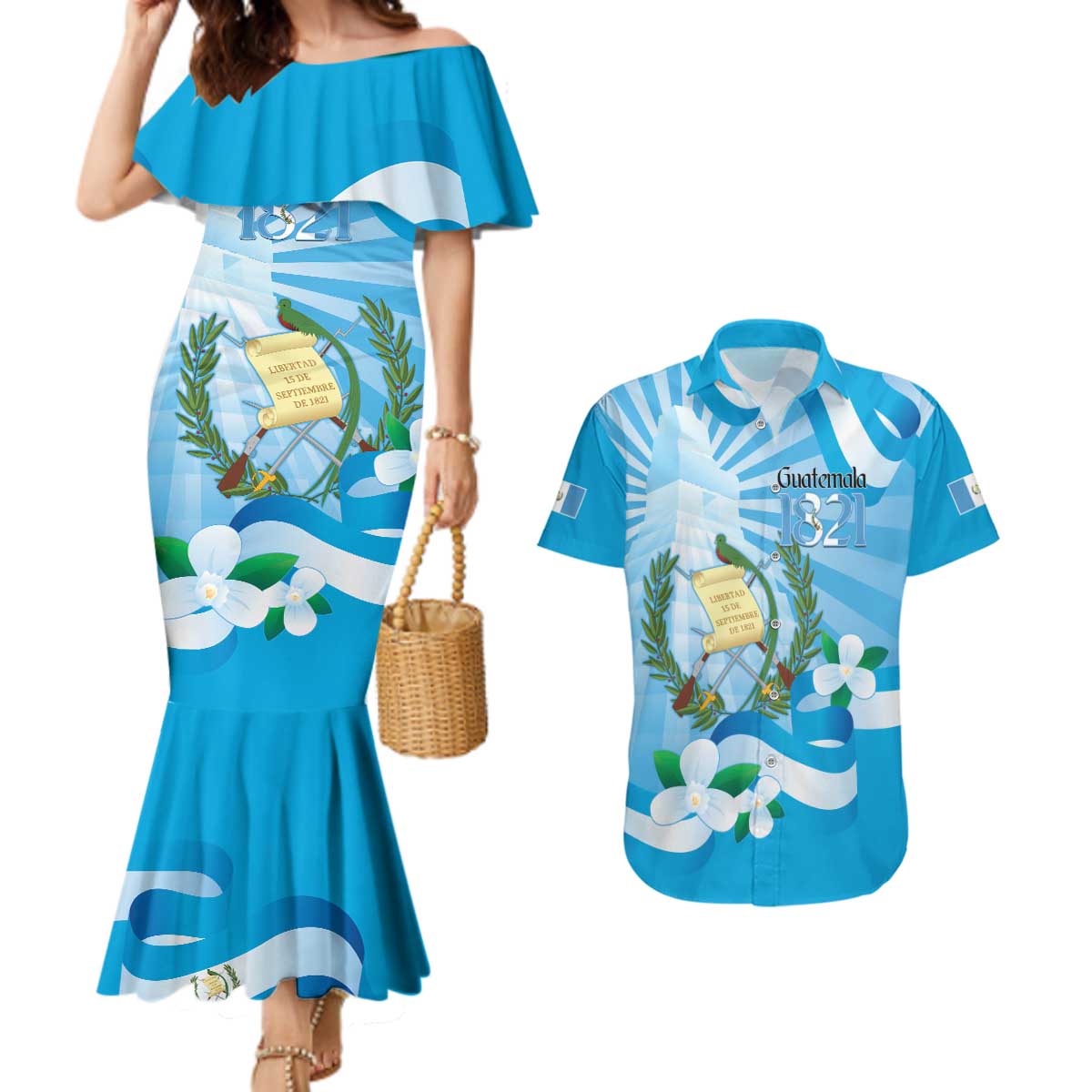 Guatemala Independence Day Couples Matching Mermaid Dress and Hawaiian Shirt Since 1821 Coat Of Arms With Tikal - Wonder Print Shop