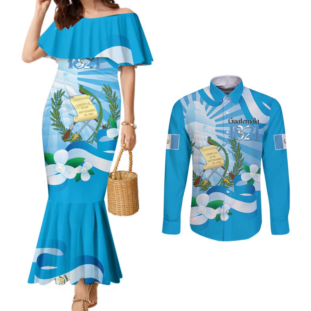 Guatemala Independence Day Couples Matching Mermaid Dress and Long Sleeve Button Shirt Since 1821 Coat Of Arms With Tikal