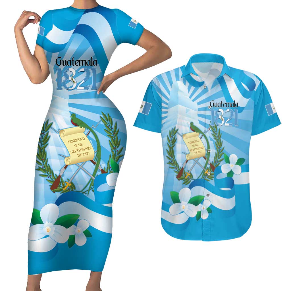 Guatemala Independence Day Couples Matching Short Sleeve Bodycon Dress and Hawaiian Shirt Since 1821 Coat Of Arms With Tikal - Wonder Print Shop