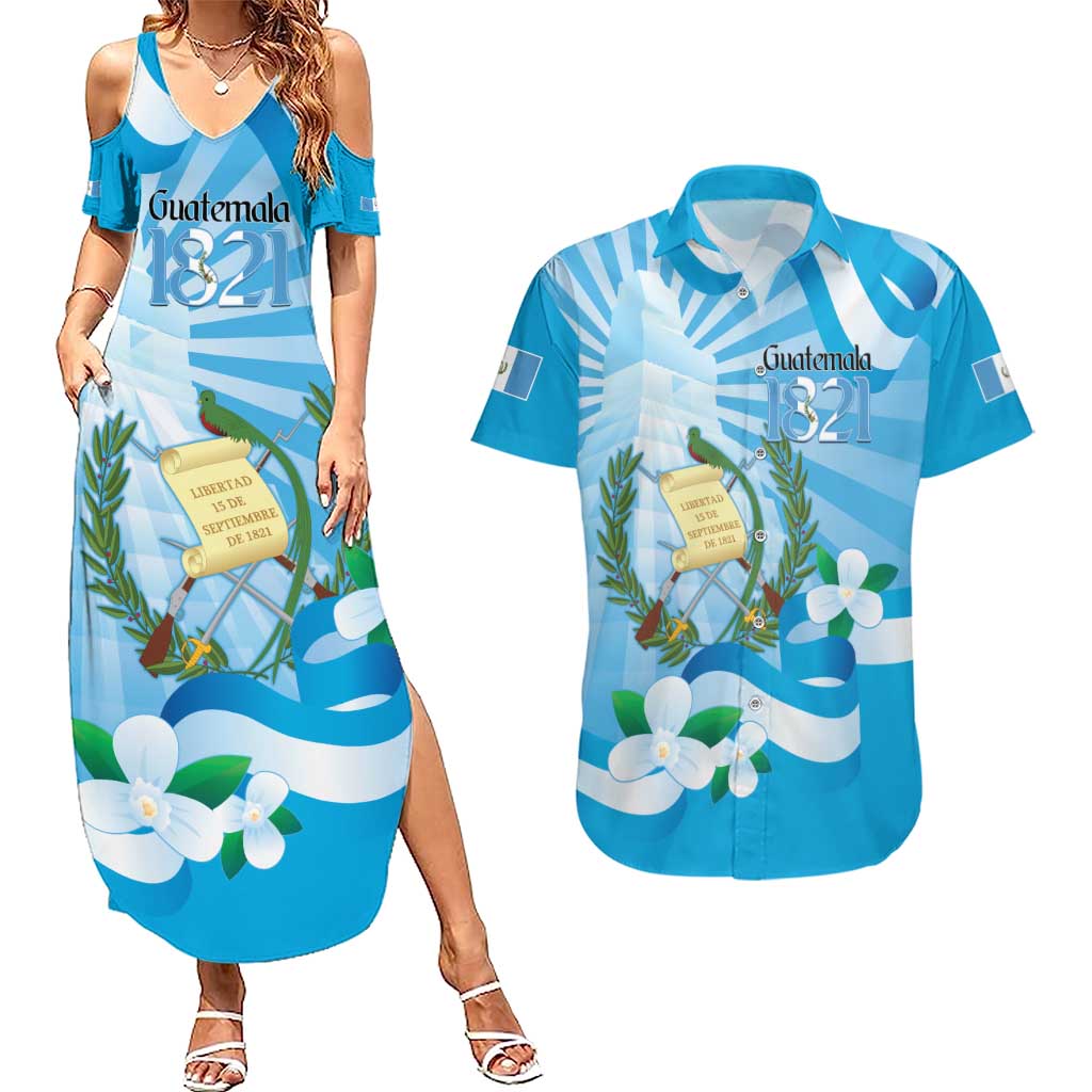 Guatemala Independence Day Couples Matching Summer Maxi Dress and Hawaiian Shirt Since 1821 Coat Of Arms With Tikal - Wonder Print Shop