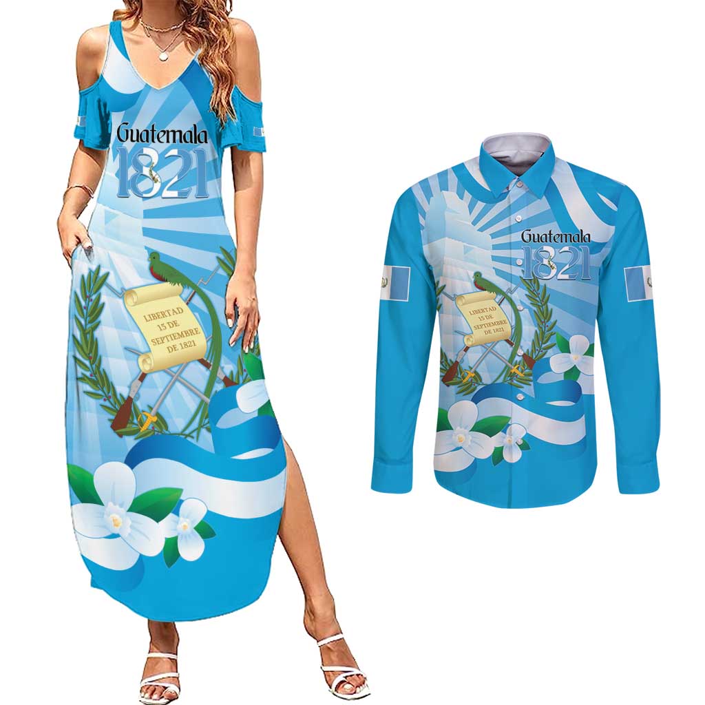 Guatemala Independence Day Couples Matching Summer Maxi Dress and Long Sleeve Button Shirt Since 1821 Coat Of Arms With Tikal - Wonder Print Shop