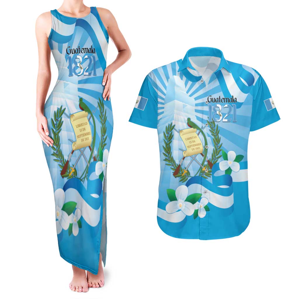 Guatemala Independence Day Couples Matching Tank Maxi Dress and Hawaiian Shirt Since 1821 Coat Of Arms With Tikal - Wonder Print Shop