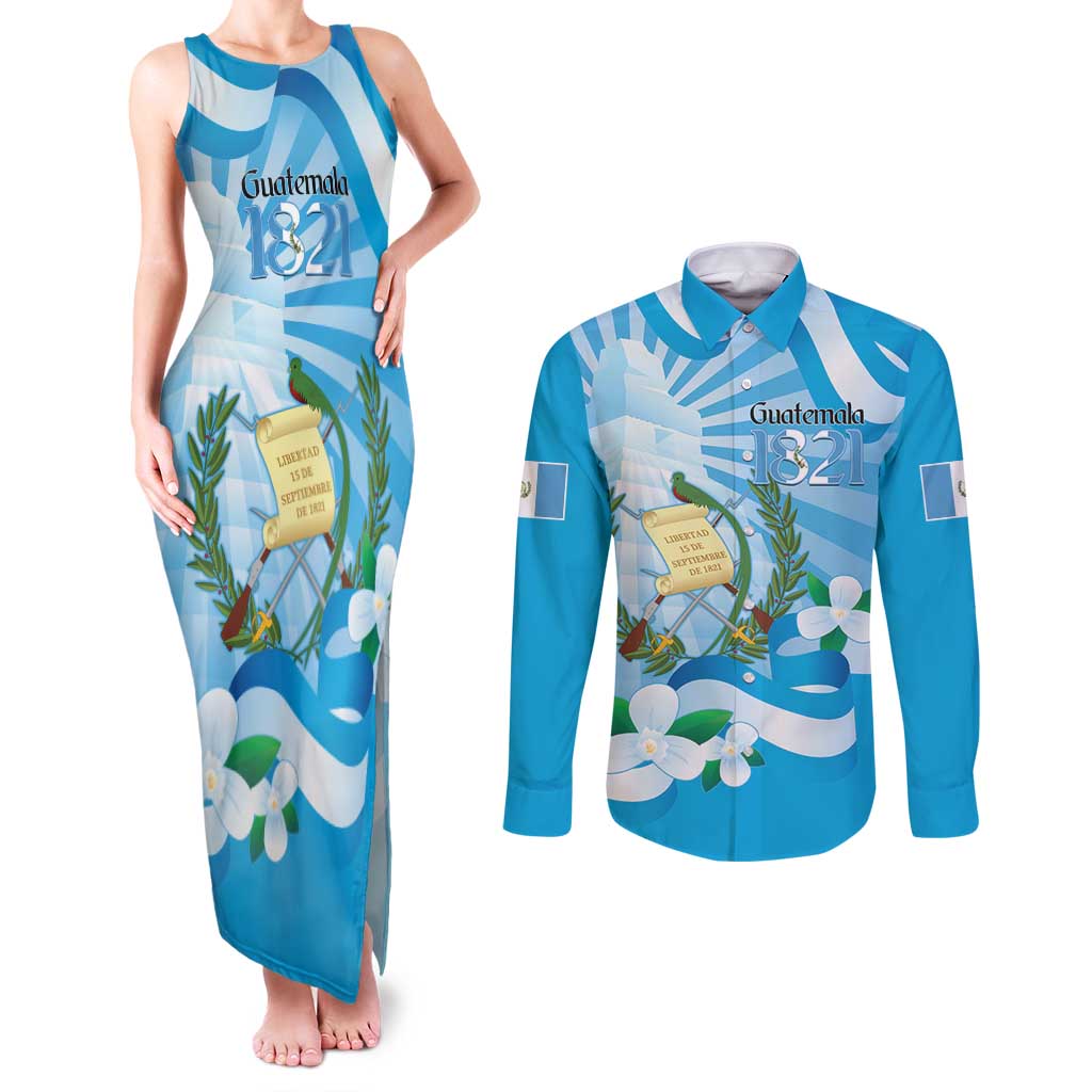 Guatemala Independence Day Couples Matching Tank Maxi Dress and Long Sleeve Button Shirt Since 1821 Coat Of Arms With Tikal - Wonder Print Shop