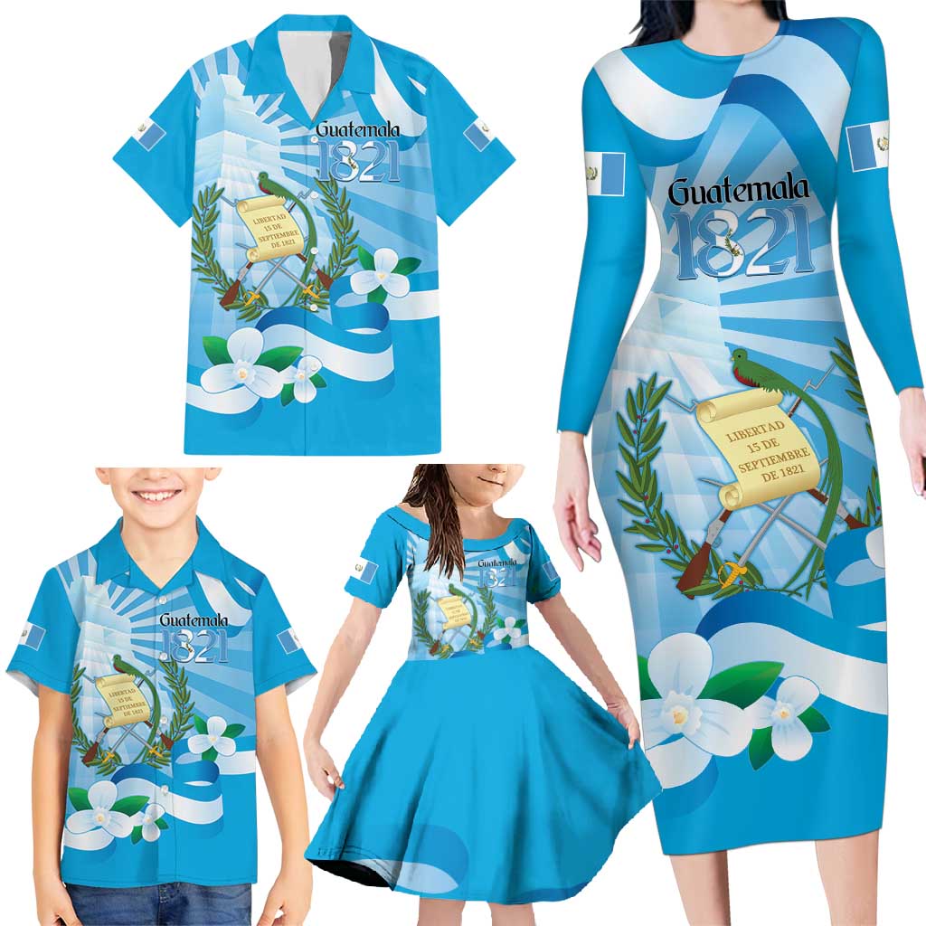 Guatemala Independence Day Family Matching Long Sleeve Bodycon Dress and Hawaiian Shirt Since 1821 Coat Of Arms With Tikal - Wonder Print Shop