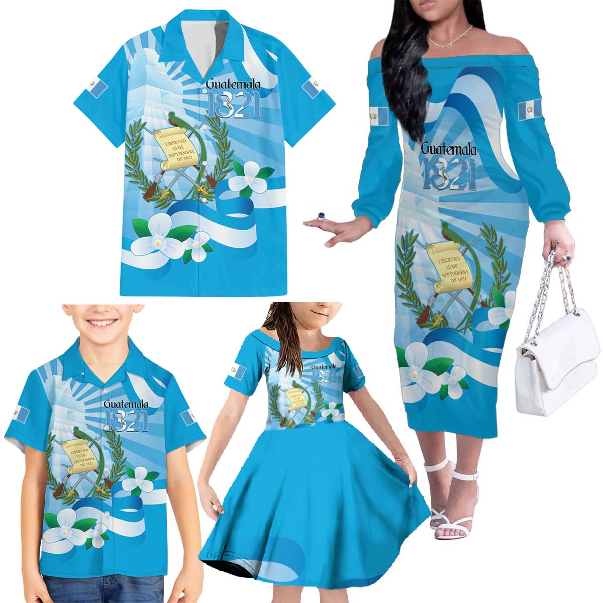 Guatemala Independence Day Family Matching Off The Shoulder Long Sleeve Dress and Hawaiian Shirt Since 1821 Coat Of Arms With Tikal - Wonder Print Shop