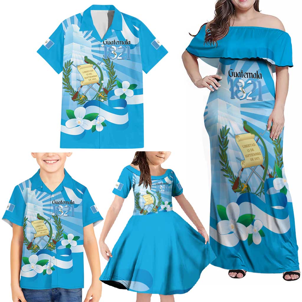 Guatemala Independence Day Family Matching Off Shoulder Maxi Dress and Hawaiian Shirt Since 1821 Coat Of Arms With Tikal - Wonder Print Shop