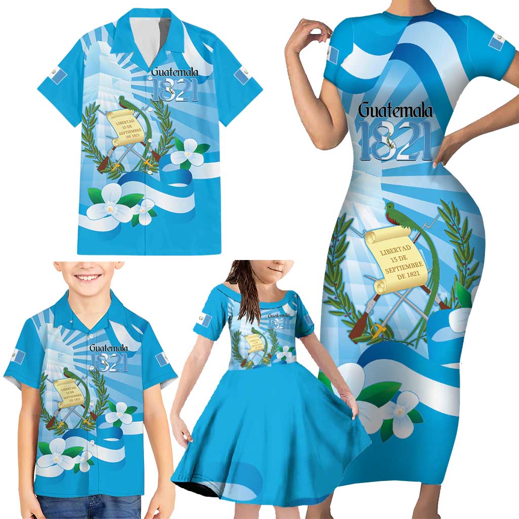 Guatemala Independence Day Family Matching Short Sleeve Bodycon Dress and Hawaiian Shirt Since 1821 Coat Of Arms With Tikal - Wonder Print Shop