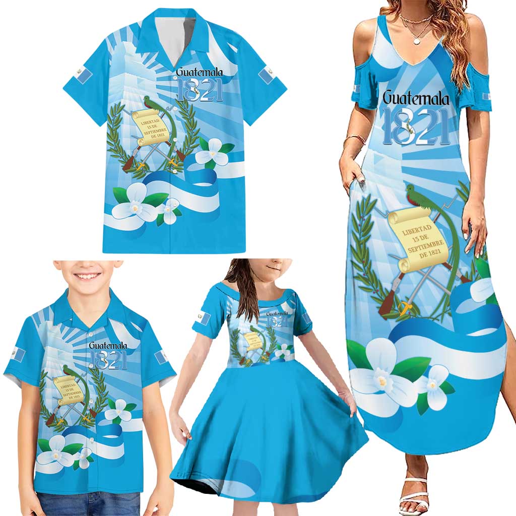 Guatemala Independence Day Family Matching Summer Maxi Dress and Hawaiian Shirt Since 1821 Coat Of Arms With Tikal - Wonder Print Shop