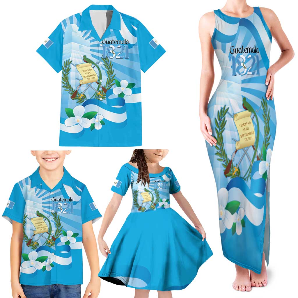 Guatemala Independence Day Family Matching Tank Maxi Dress and Hawaiian Shirt Since 1821 Coat Of Arms With Tikal - Wonder Print Shop