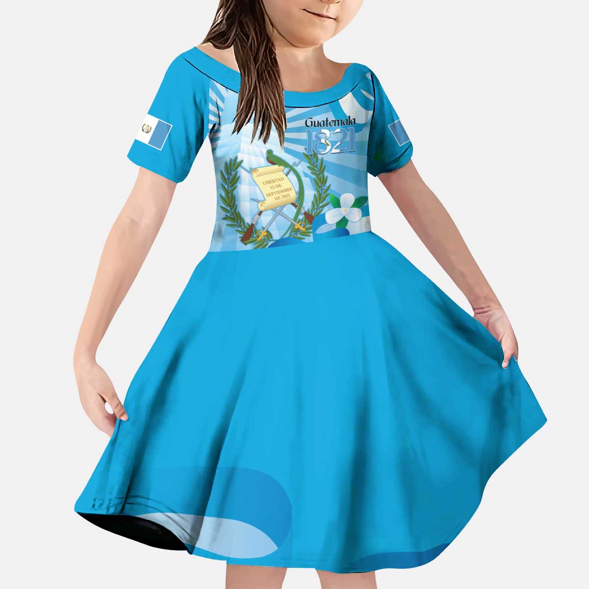 Guatemala Independence Day Kid Short Sleeve Dress Since 1821 Coat Of Arms With Tikal - Wonder Print Shop