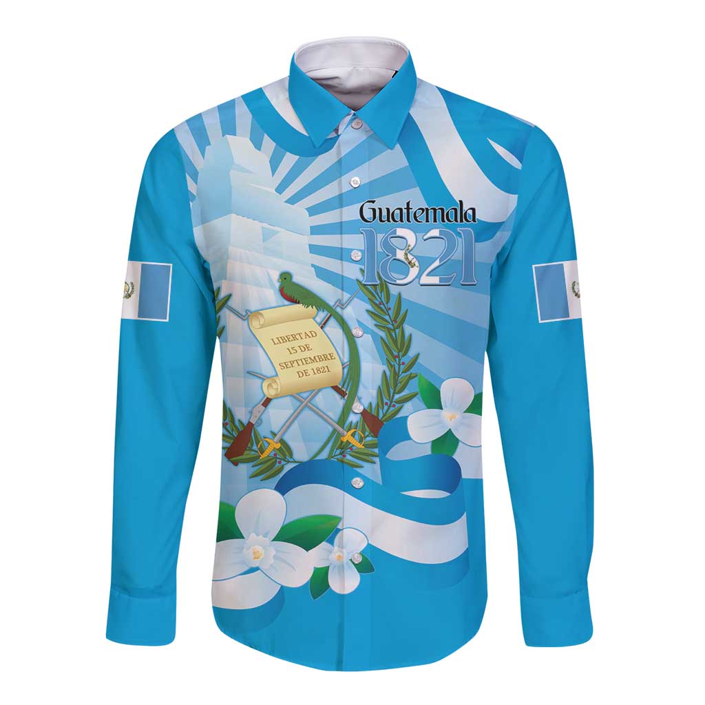 Blue long-sleeve button shirt with front crest, floral graphics, and 1821 design
