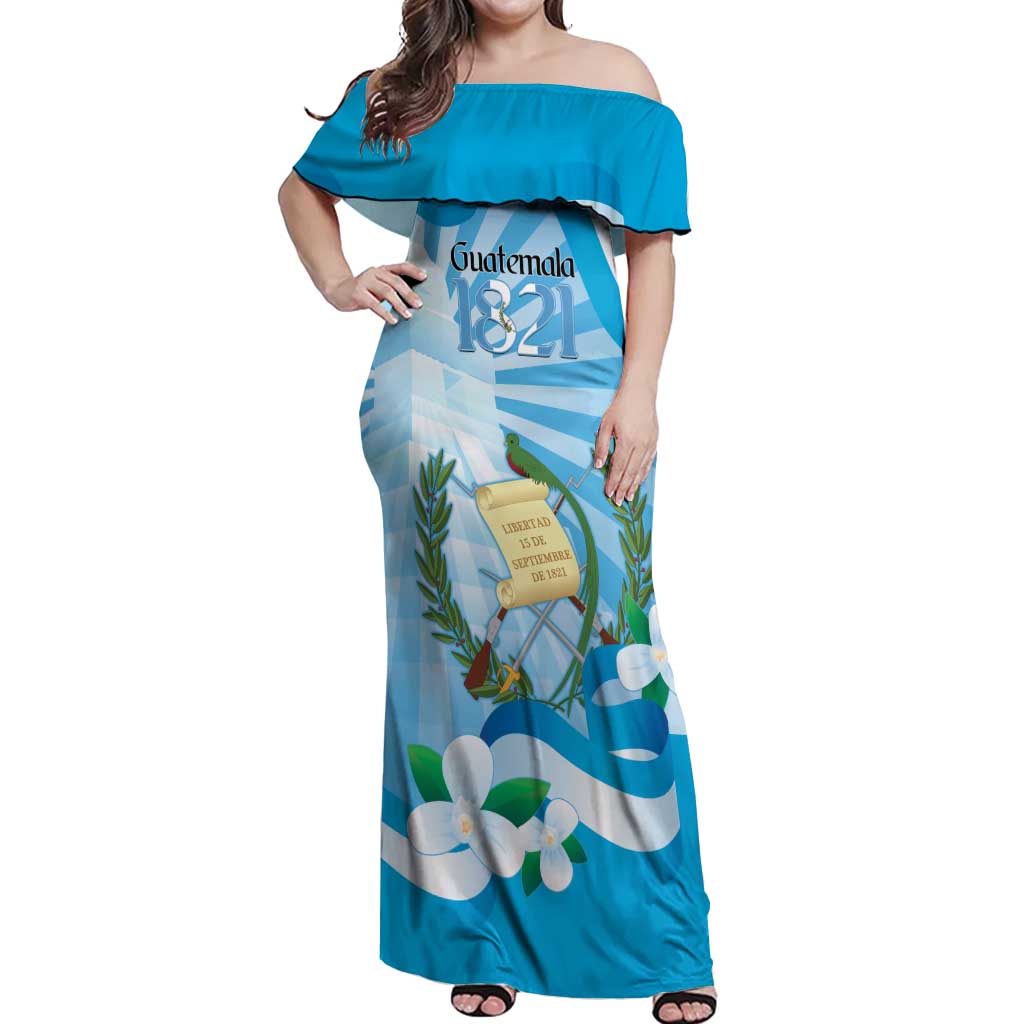 Guatemala Independence Day Off Shoulder Maxi Dress Since 1821 Coat Of Arms With Tikal - Wonder Print Shop