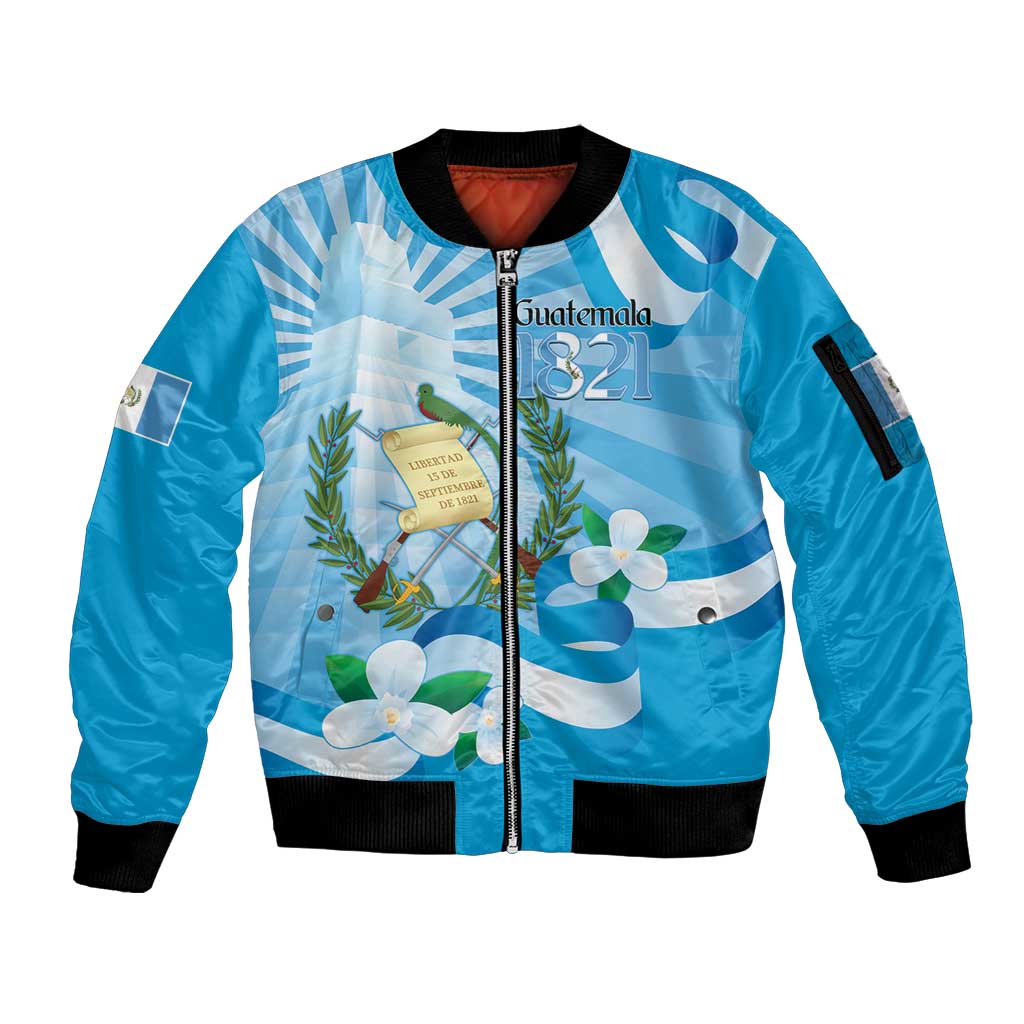 Guatemala Independence Day Sleeve Zip Bomber Jacket Since 1821 Coat Of Arms With Tikal - Wonder Print Shop