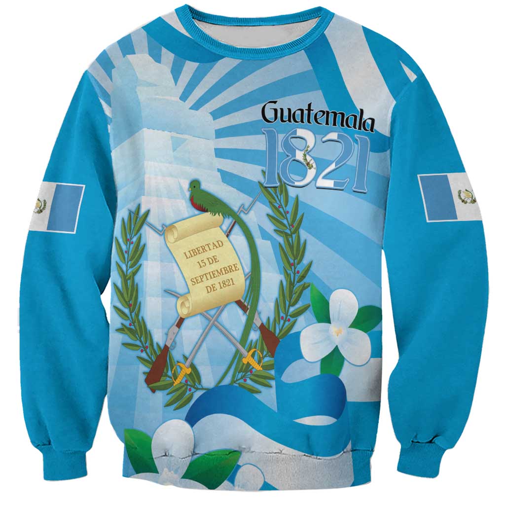 Blue unisex sweatshirt with colorful crest graphic, Guatemala and 1821 on front