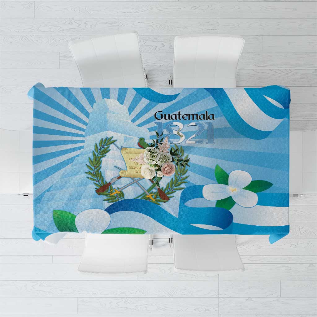 Rectangular blue tablecloth with Guatemala-themed coat of arms and floral wreath graphic