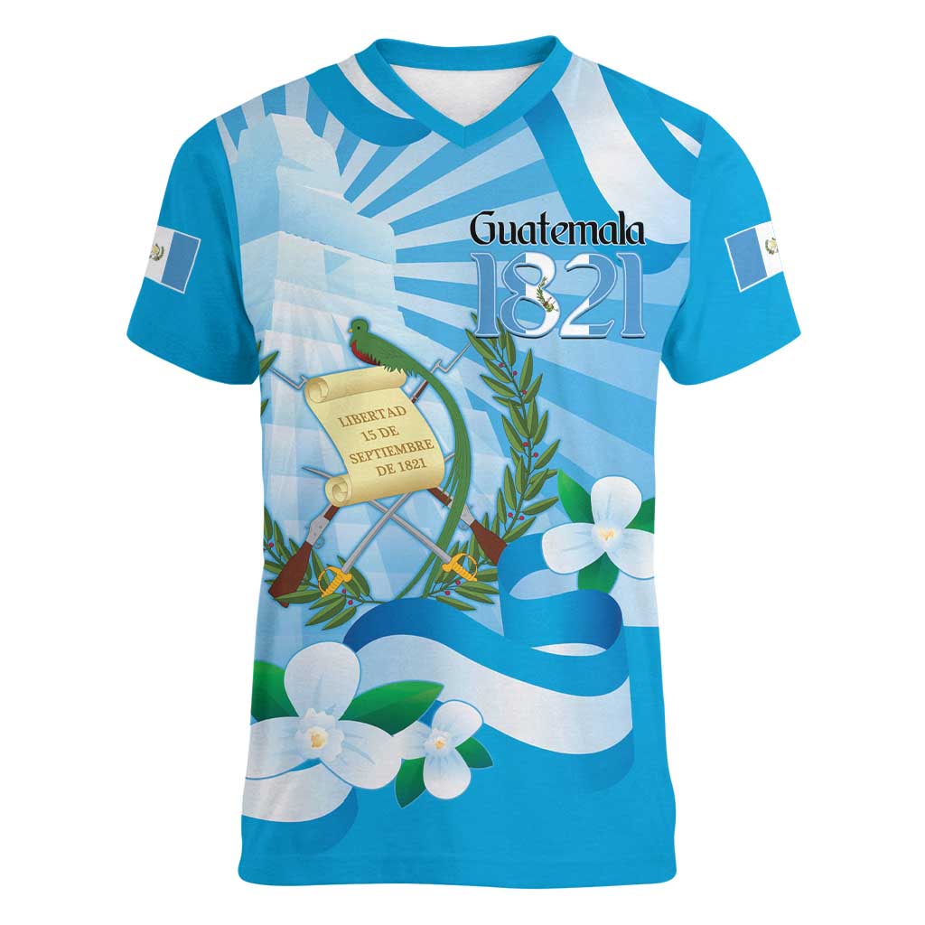 Guatemala Independence Day Women V-Neck T-Shirt Since 1821 Coat Of Arms With Tikal - Wonder Print Shop