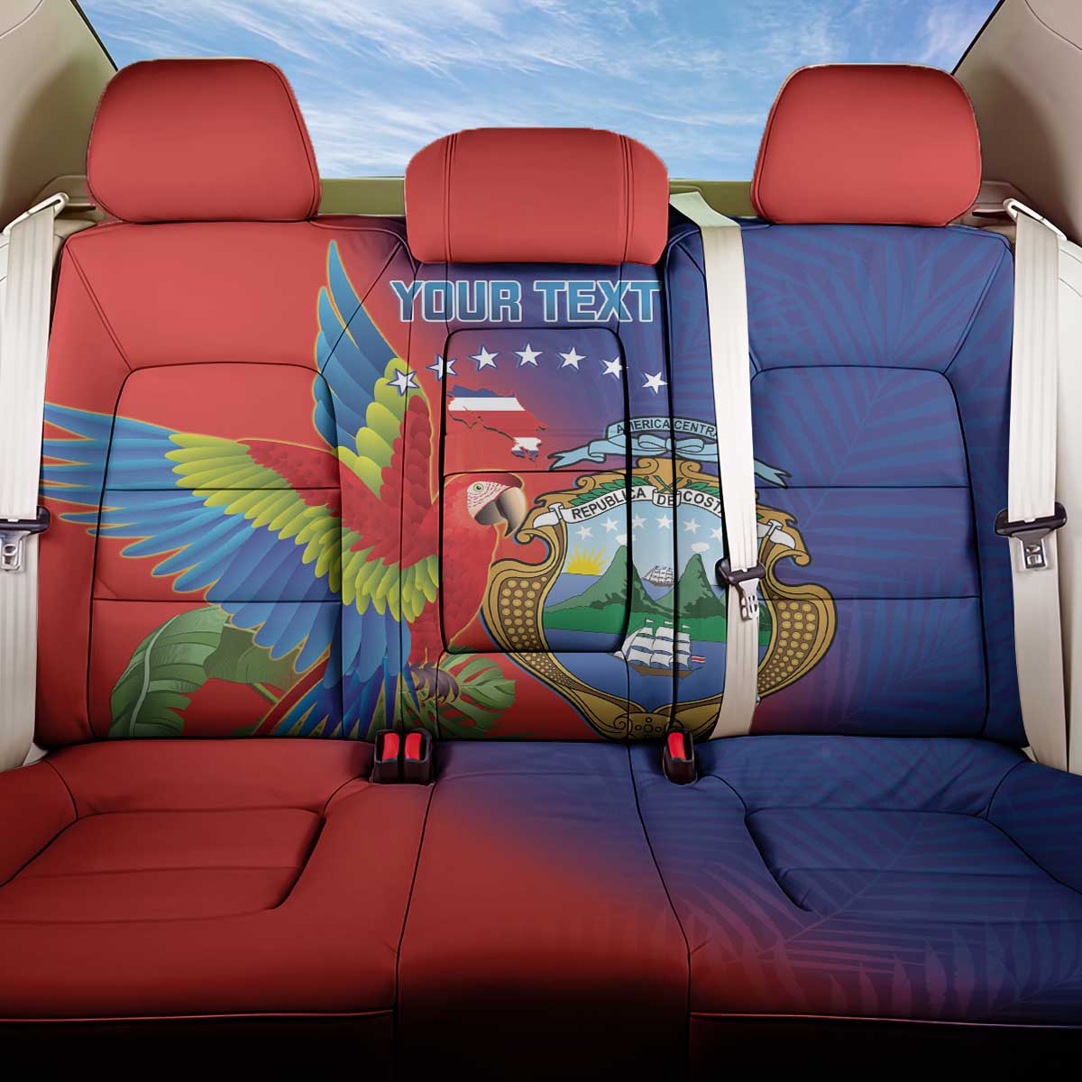 Personalized Costa Rica Independence Day Back Car Seat Cover Scarlet Macaw Parrot With Coat Of Arms - Wonder Print Shop