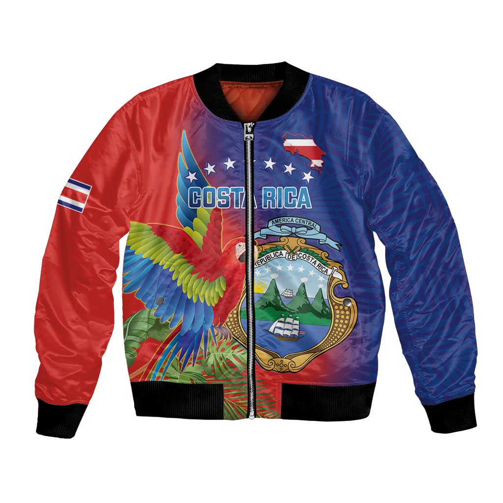 Personalized Costa Rica Independence Day Bomber Jacket Scarlet Macaw Parrot With Coat Of Arms - Wonder Print Shop