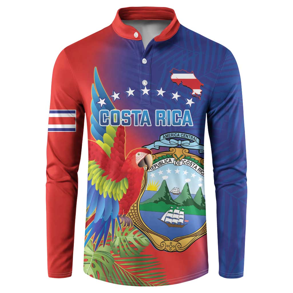Men's long-sleeve button sweatshirt, red/blue with Costa Rica parrot graphic on front