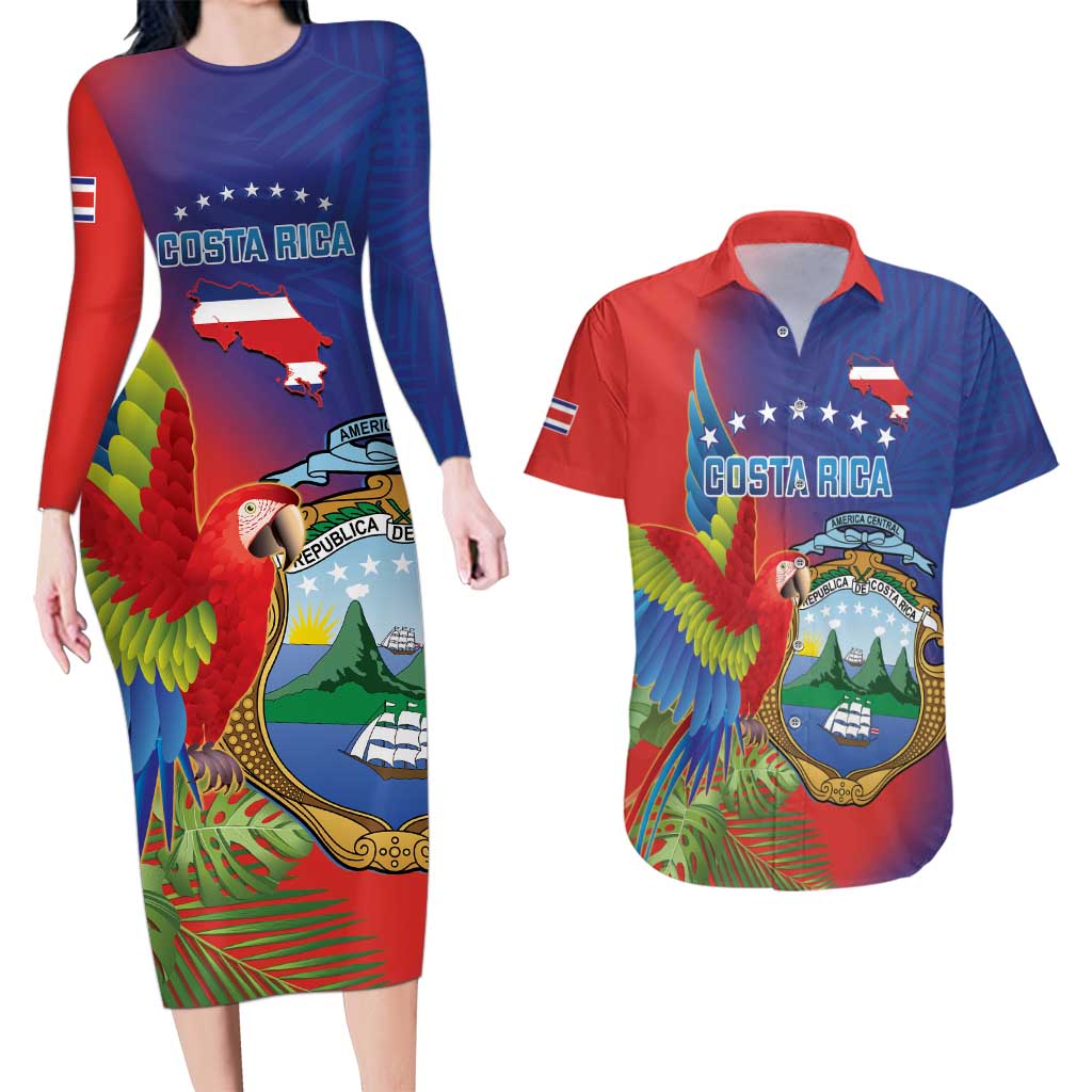 Personalized Costa Rica Independence Day Couples Matching Long Sleeve Bodycon Dress and Hawaiian Shirt Scarlet Macaw Parrot With Coat Of Arms - Wonder Print Shop