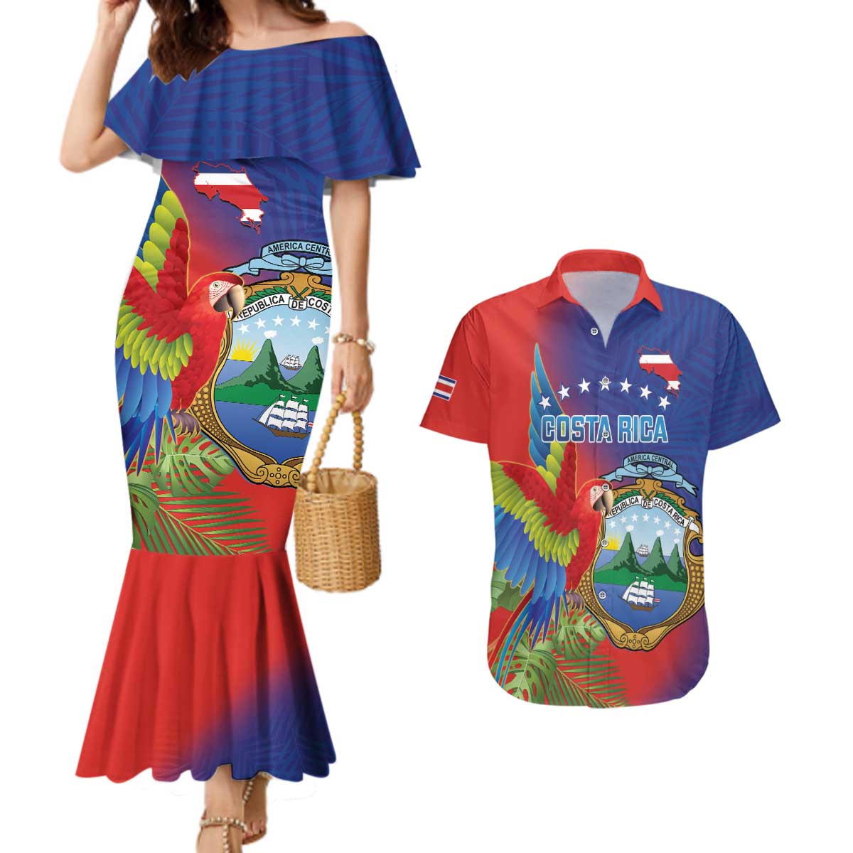 Personalized Costa Rica Independence Day Couples Matching Mermaid Dress and Hawaiian Shirt Scarlet Macaw Parrot With Coat Of Arms - Wonder Print Shop