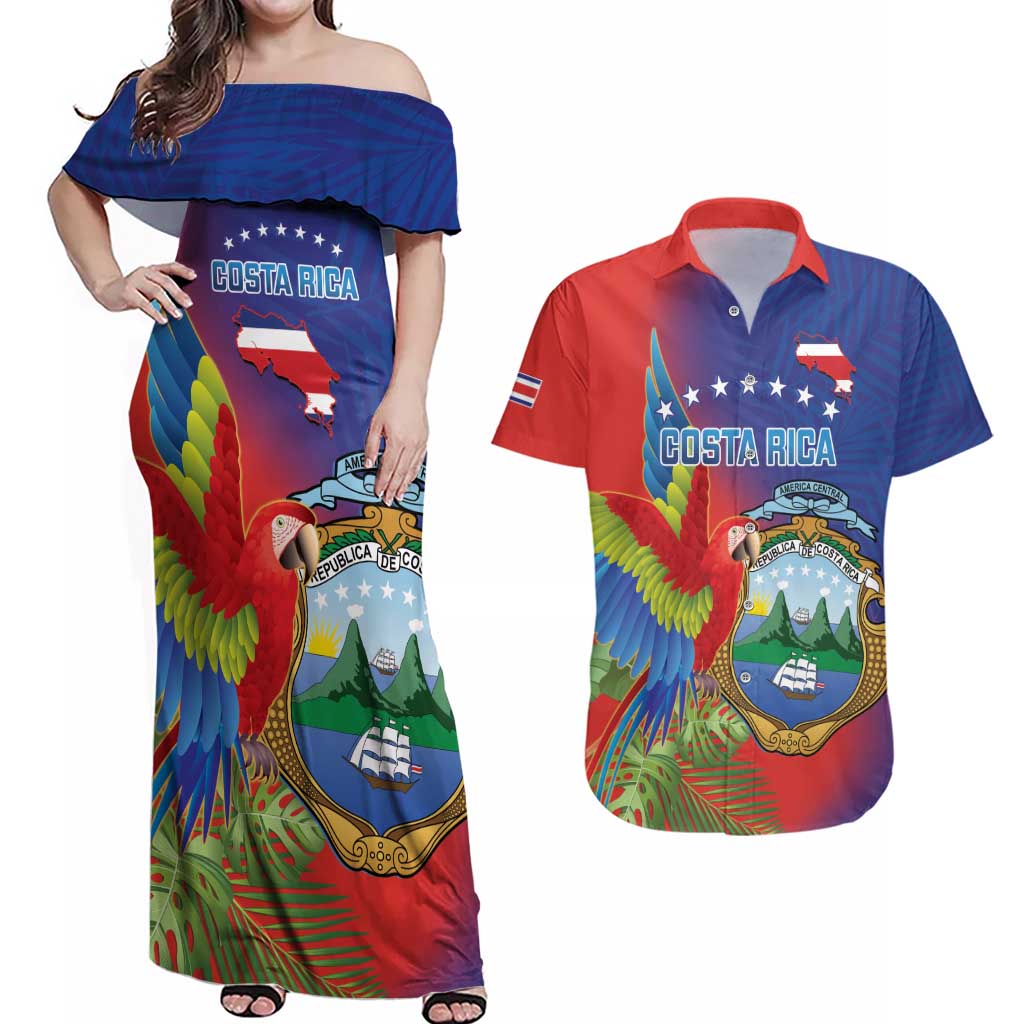 Personalized Costa Rica Independence Day Couples Matching Off Shoulder Maxi Dress and Hawaiian Shirt Scarlet Macaw Parrot With Coat Of Arms - Wonder Print Shop