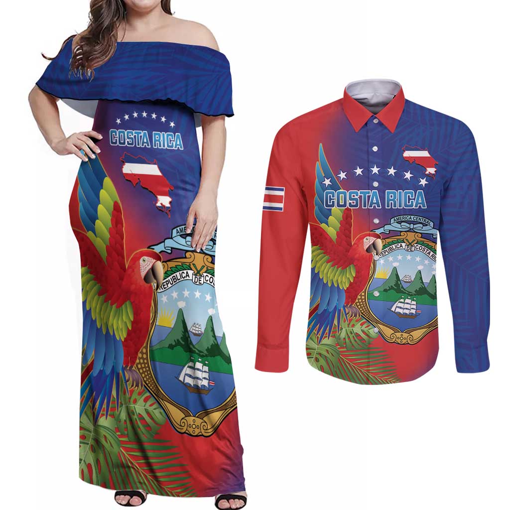 Personalized Costa Rica Independence Day Couples Matching Off Shoulder Maxi Dress and Long Sleeve Button Shirt Scarlet Macaw Parrot With Coat Of Arms - Wonder Print Shop