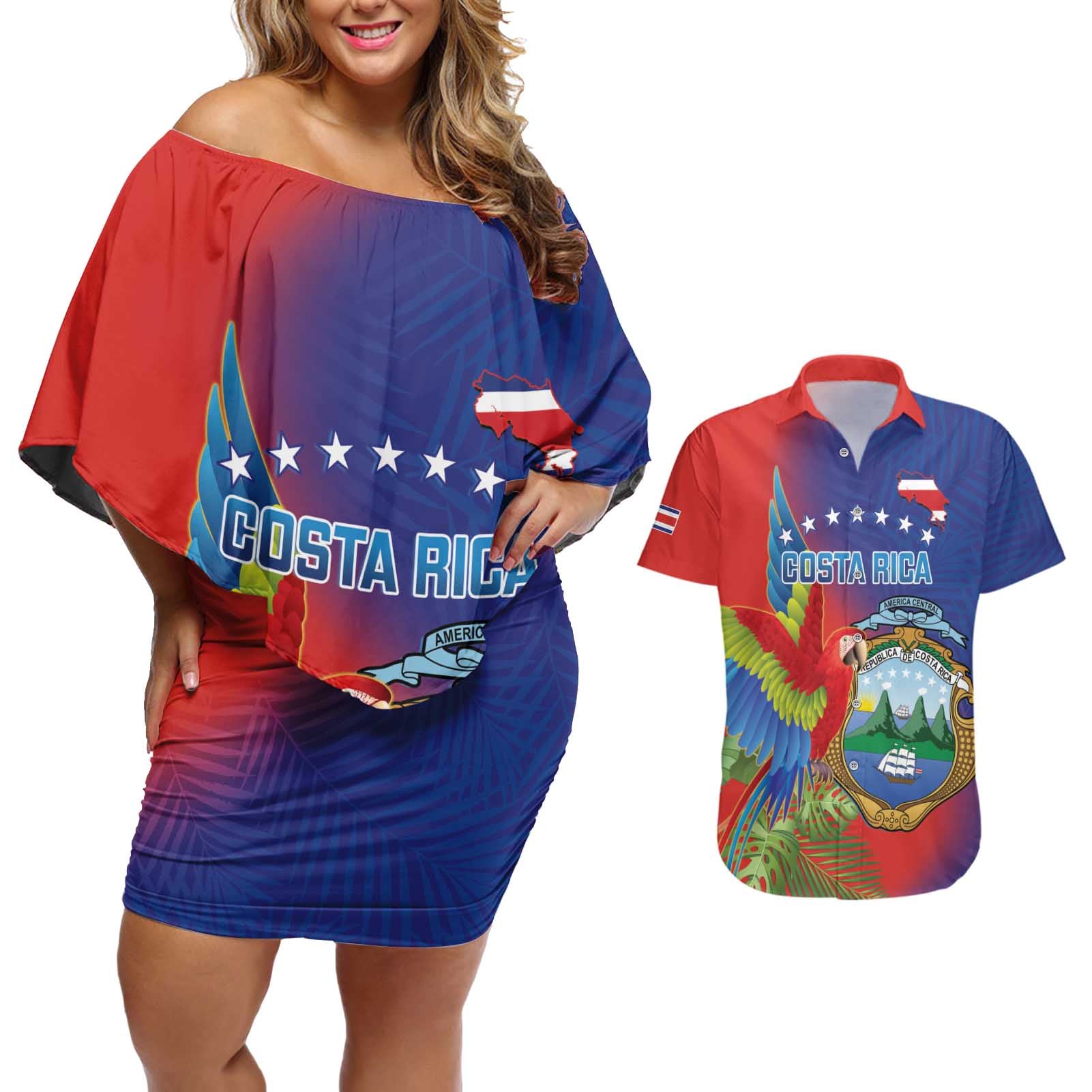 Personalized Costa Rica Independence Day Couples Matching Off Shoulder Short Dress and Hawaiian Shirt Scarlet Macaw Parrot With Coat Of Arms - Wonder Print Shop