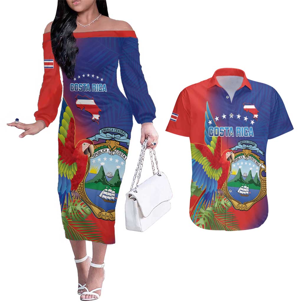 Personalized Costa Rica Independence Day Couples Matching Off The Shoulder Long Sleeve Dress and Hawaiian Shirt Scarlet Macaw Parrot With Coat Of Arms - Wonder Print Shop