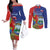 Personalized Costa Rica Independence Day Couples Matching Off The Shoulder Long Sleeve Dress and Long Sleeve Button Shirt Scarlet Macaw Parrot With Coat Of Arms