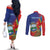 Personalized Costa Rica Independence Day Couples Matching Off The Shoulder Long Sleeve Dress and Long Sleeve Button Shirt Scarlet Macaw Parrot With Coat Of Arms