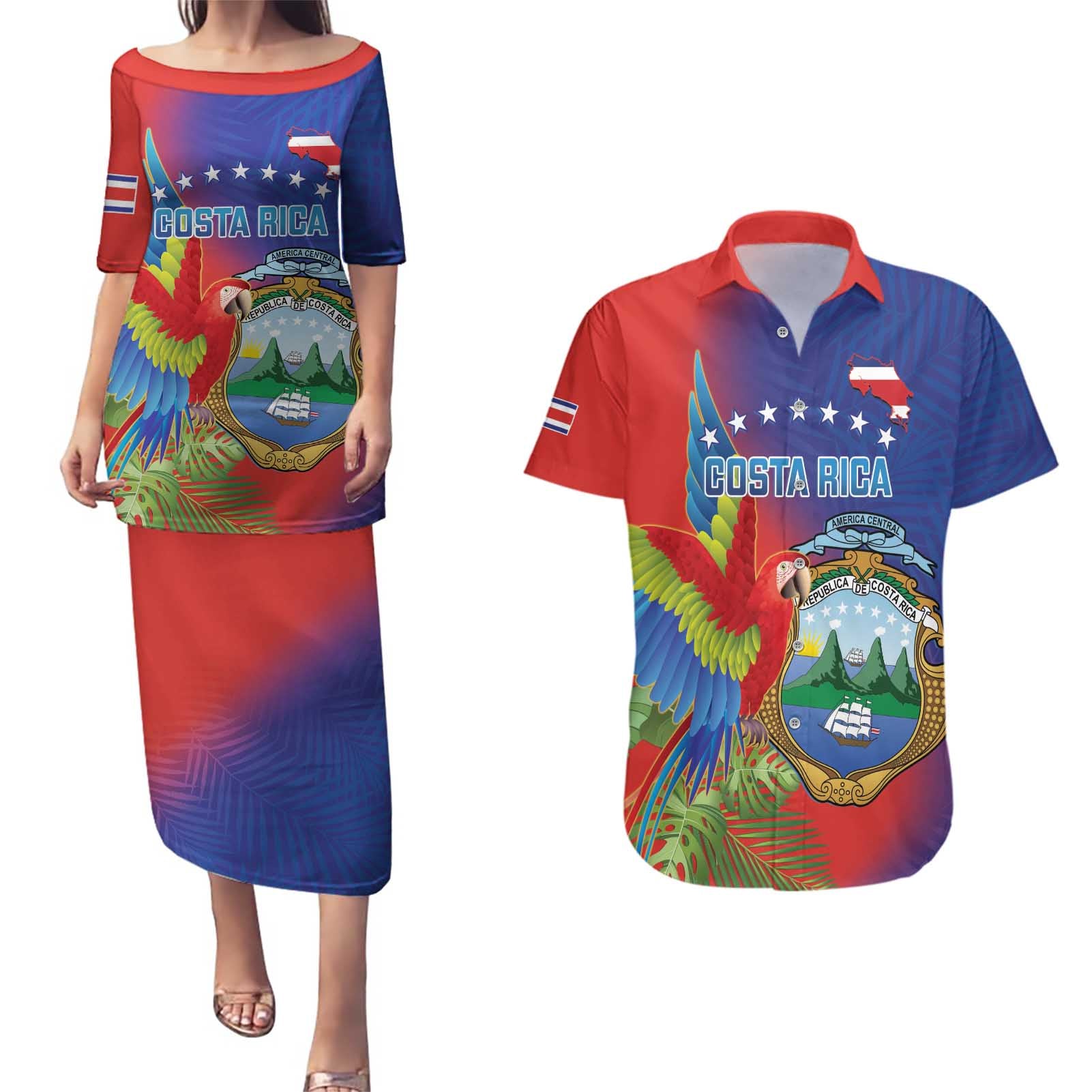 Personalized Costa Rica Independence Day Couples Matching Puletasi and Hawaiian Shirt Scarlet Macaw Parrot With Coat Of Arms - Wonder Print Shop