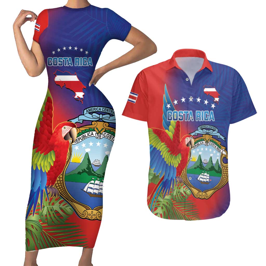 Personalized Costa Rica Independence Day Couples Matching Short Sleeve Bodycon Dress and Hawaiian Shirt Scarlet Macaw Parrot With Coat Of Arms - Wonder Print Shop