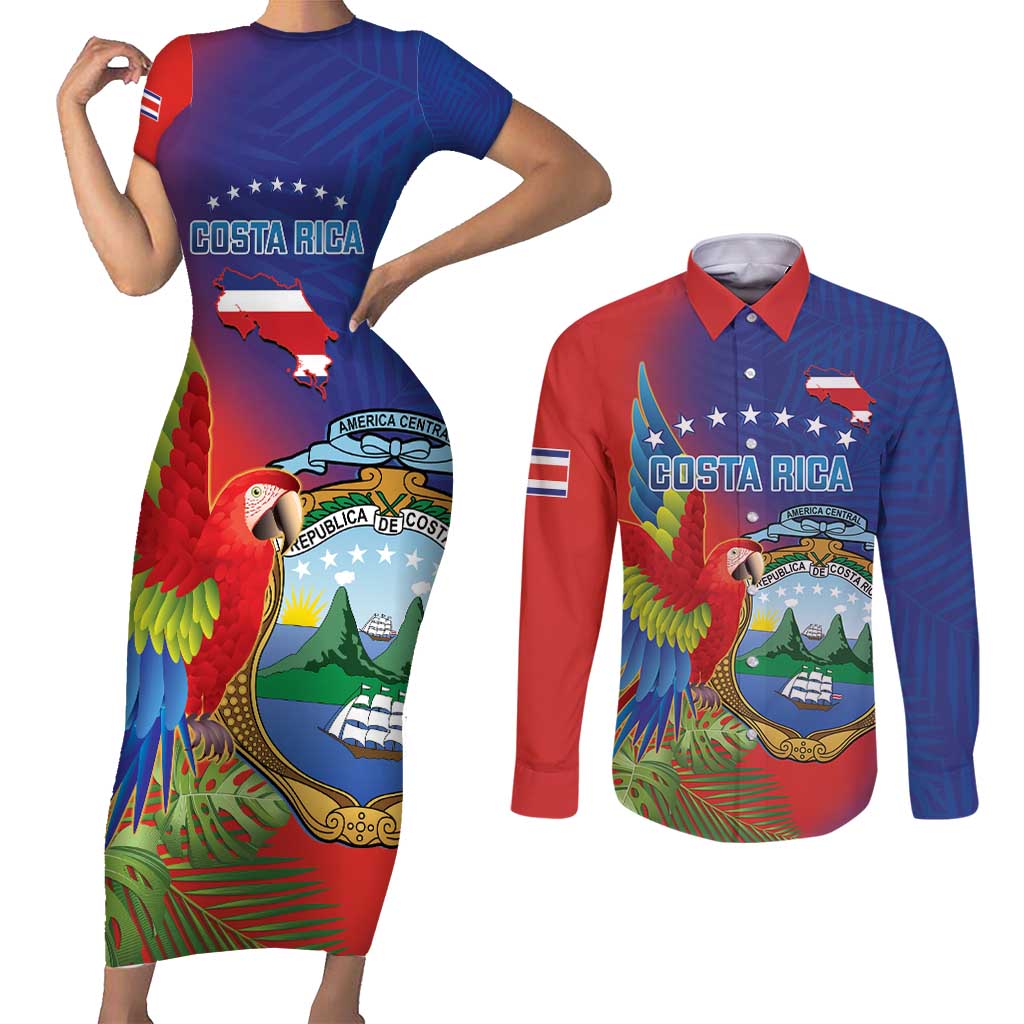 Personalized Costa Rica Independence Day Couples Matching Short Sleeve Bodycon Dress and Long Sleeve Button Shirt Scarlet Macaw Parrot With Coat Of Arms - Wonder Print Shop