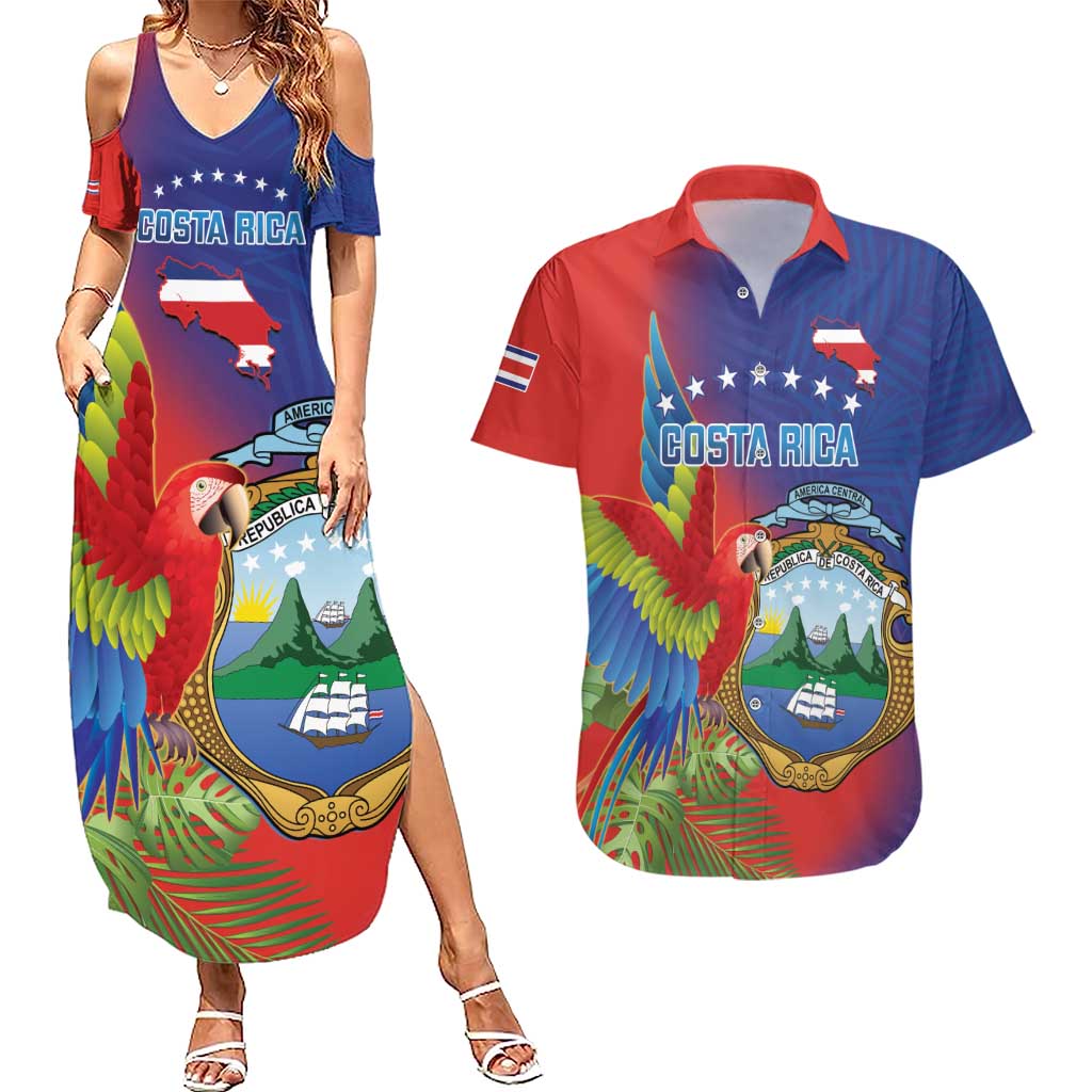 Personalized Costa Rica Independence Day Couples Matching Summer Maxi Dress and Hawaiian Shirt Scarlet Macaw Parrot With Coat Of Arms - Wonder Print Shop