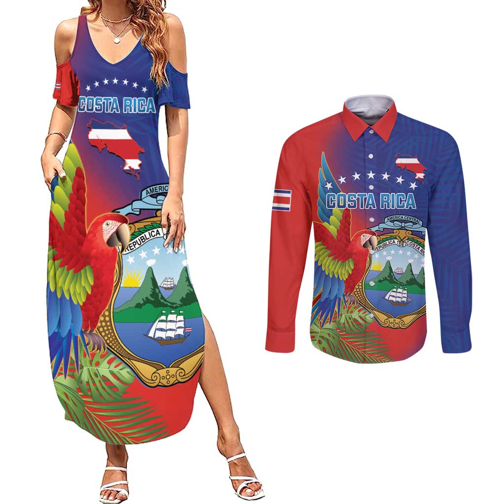 Personalized Costa Rica Independence Day Couples Matching Summer Maxi Dress and Long Sleeve Button Shirt Scarlet Macaw Parrot With Coat Of Arms - Wonder Print Shop