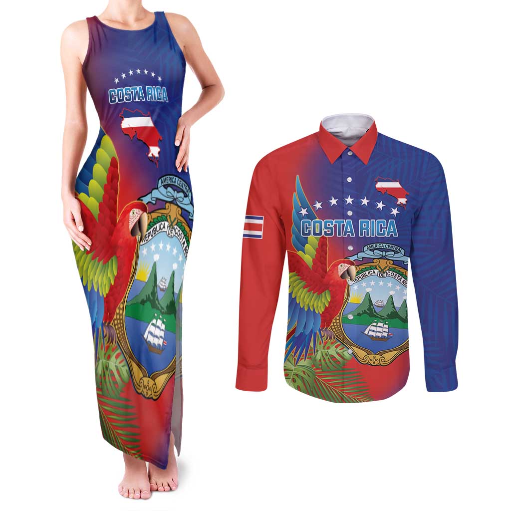 Personalized Costa Rica Independence Day Couples Matching Tank Maxi Dress and Long Sleeve Button Shirt Scarlet Macaw Parrot With Coat Of Arms - Wonder Print Shop