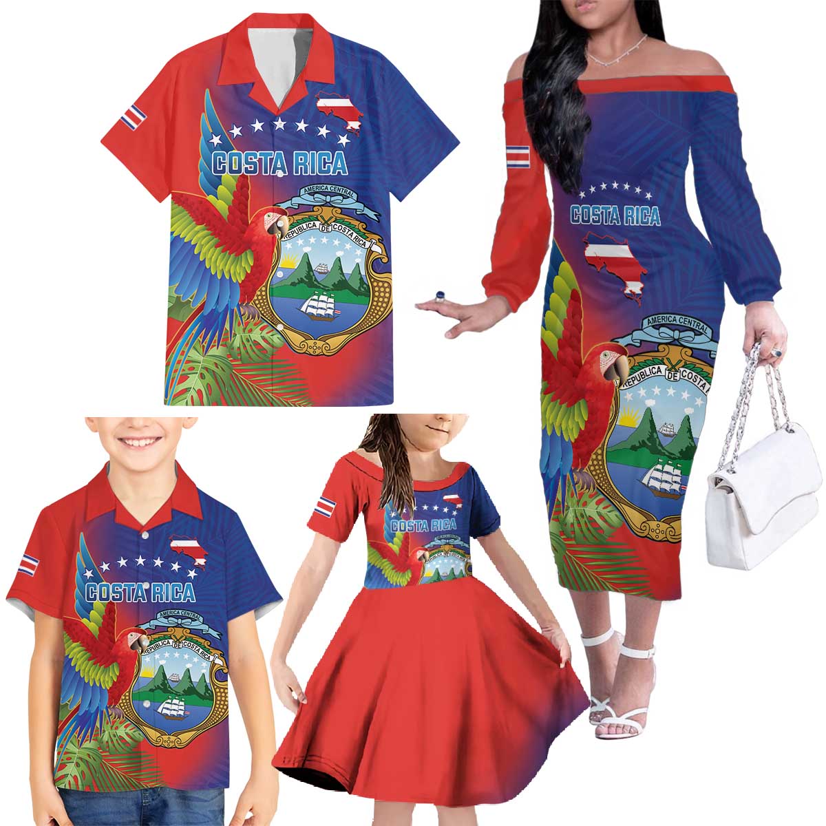 Personalized Costa Rica Independence Day Family Matching Off The Shoulder Long Sleeve Dress and Hawaiian Shirt Scarlet Macaw Parrot With Coat Of Arms - Wonder Print Shop