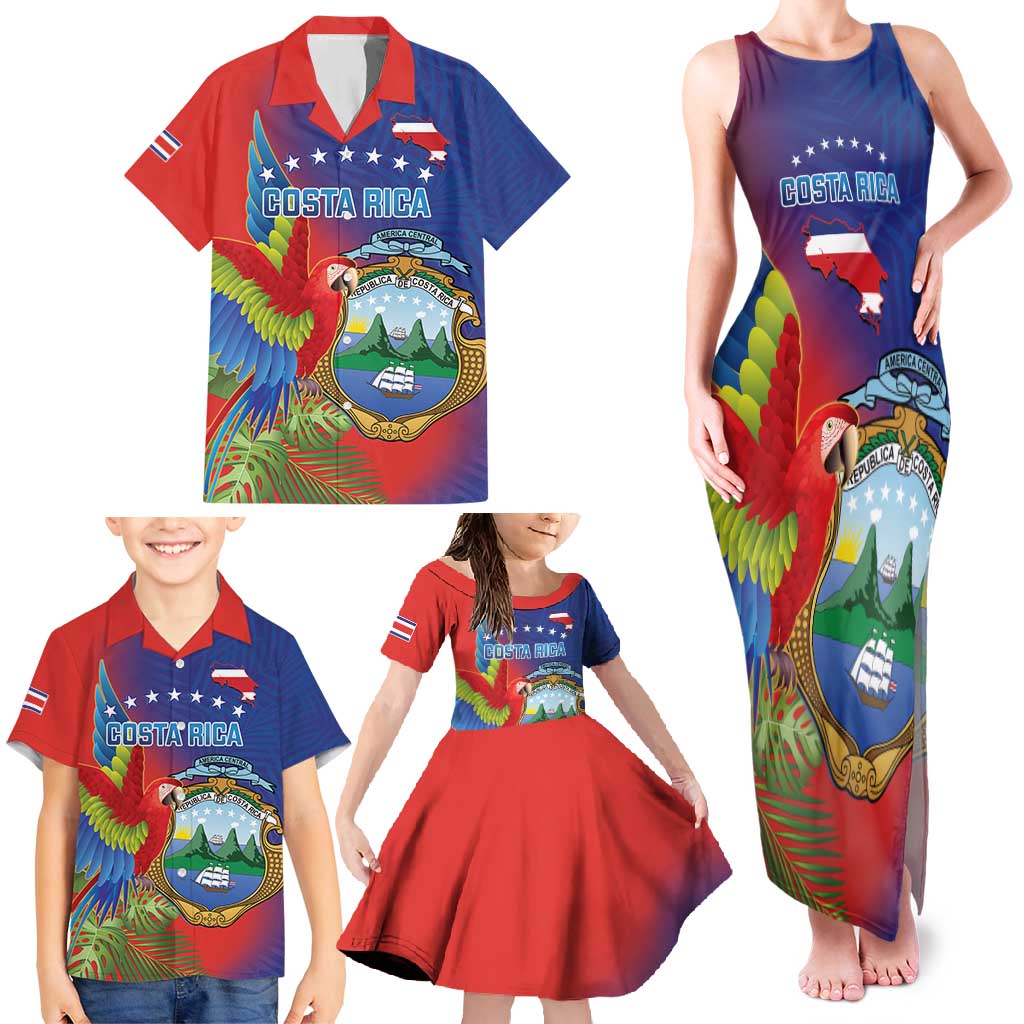 Personalized Costa Rica Independence Day Family Matching Tank Maxi Dress and Hawaiian Shirt Scarlet Macaw Parrot With Coat Of Arms - Wonder Print Shop