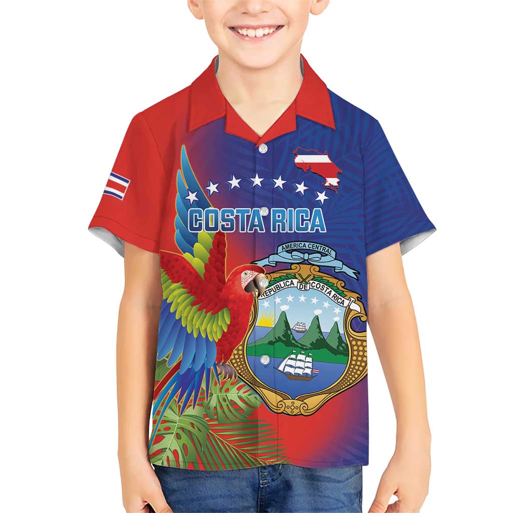 Personalized Costa Rica Independence Day Kid Hawaiian Shirt Scarlet Macaw Parrot With Coat Of Arms - Wonder Print Shop