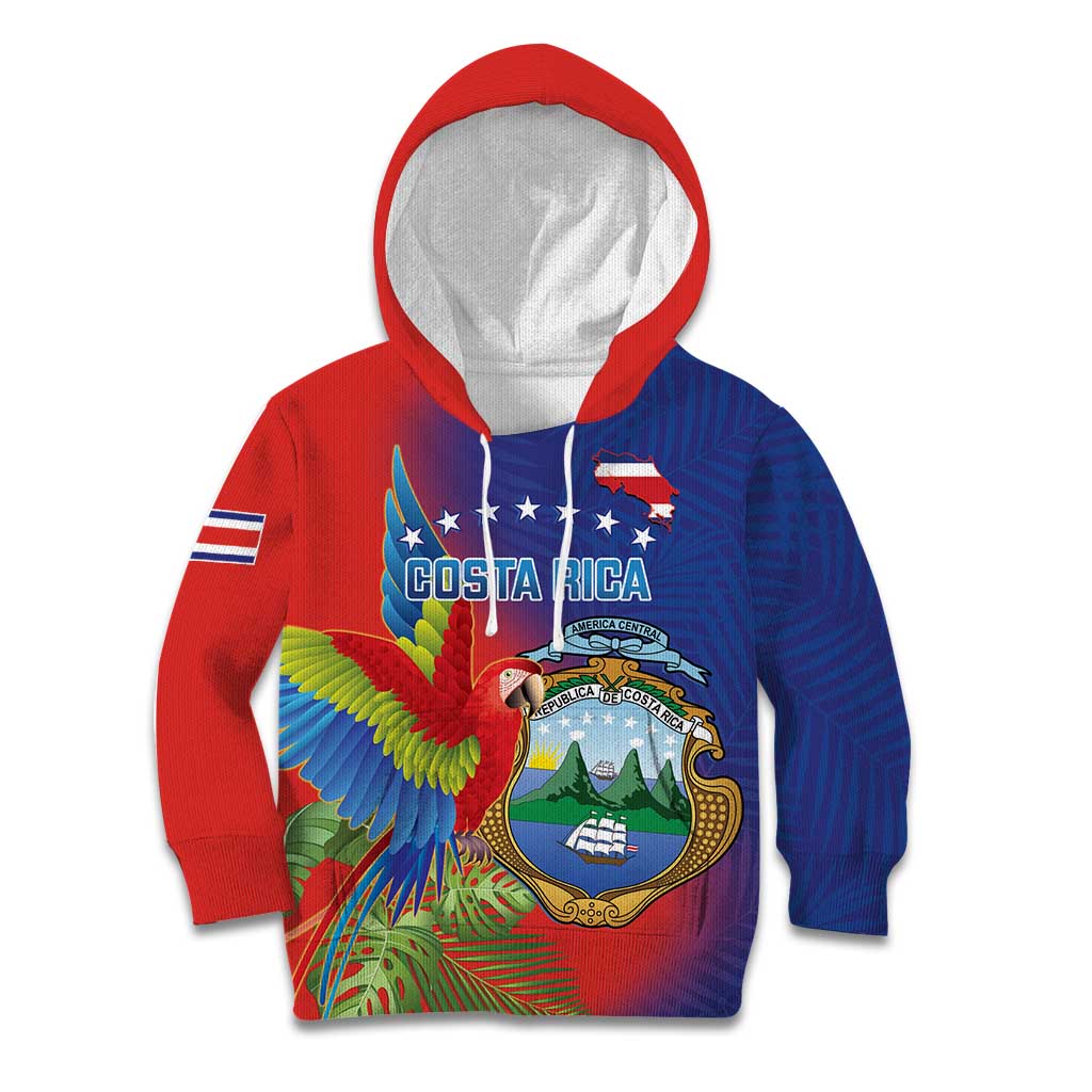 Personalized Costa Rica Independence Day Kid Hoodie Scarlet Macaw Parrot With Coat Of Arms - Wonder Print Shop