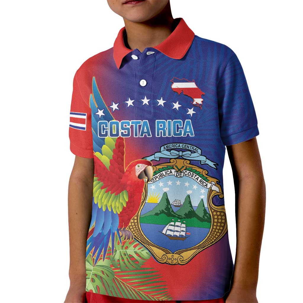 Personalized Costa Rica Independence Day Kid Polo Shirt Scarlet Macaw Parrot With Coat Of Arms - Wonder Print Shop