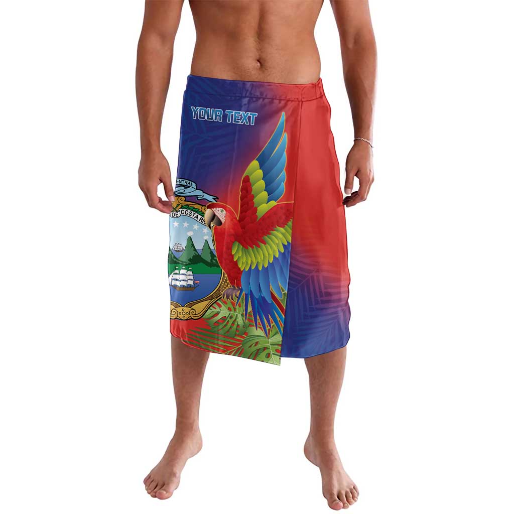Red and blue patterned drawstring shorts with large colorful macaw graphic