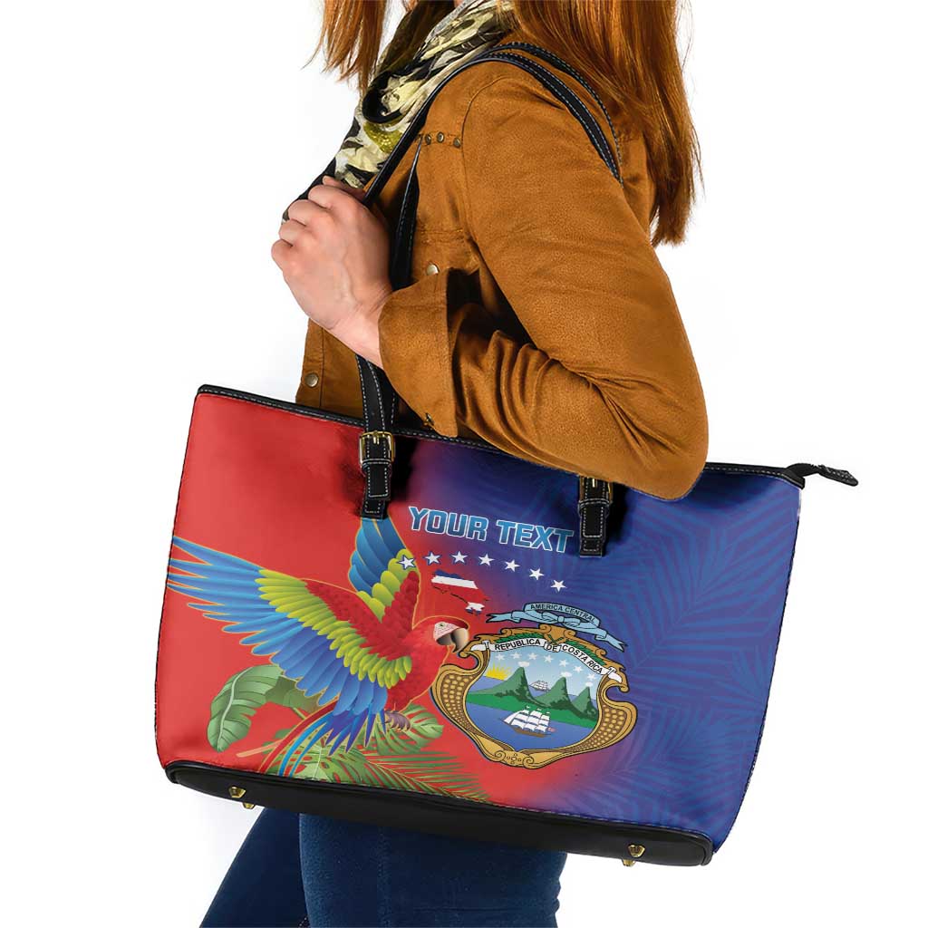 Personalized Costa Rica Independence Day Leather Tote Bag Scarlet Macaw Parrot With Coat Of Arms - Wonder Print Shop