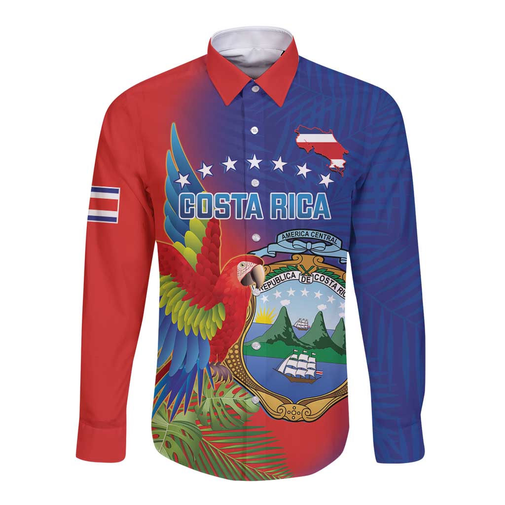 Long sleeve button shirt in red and blue with parrot, crest, and Costa Rica print